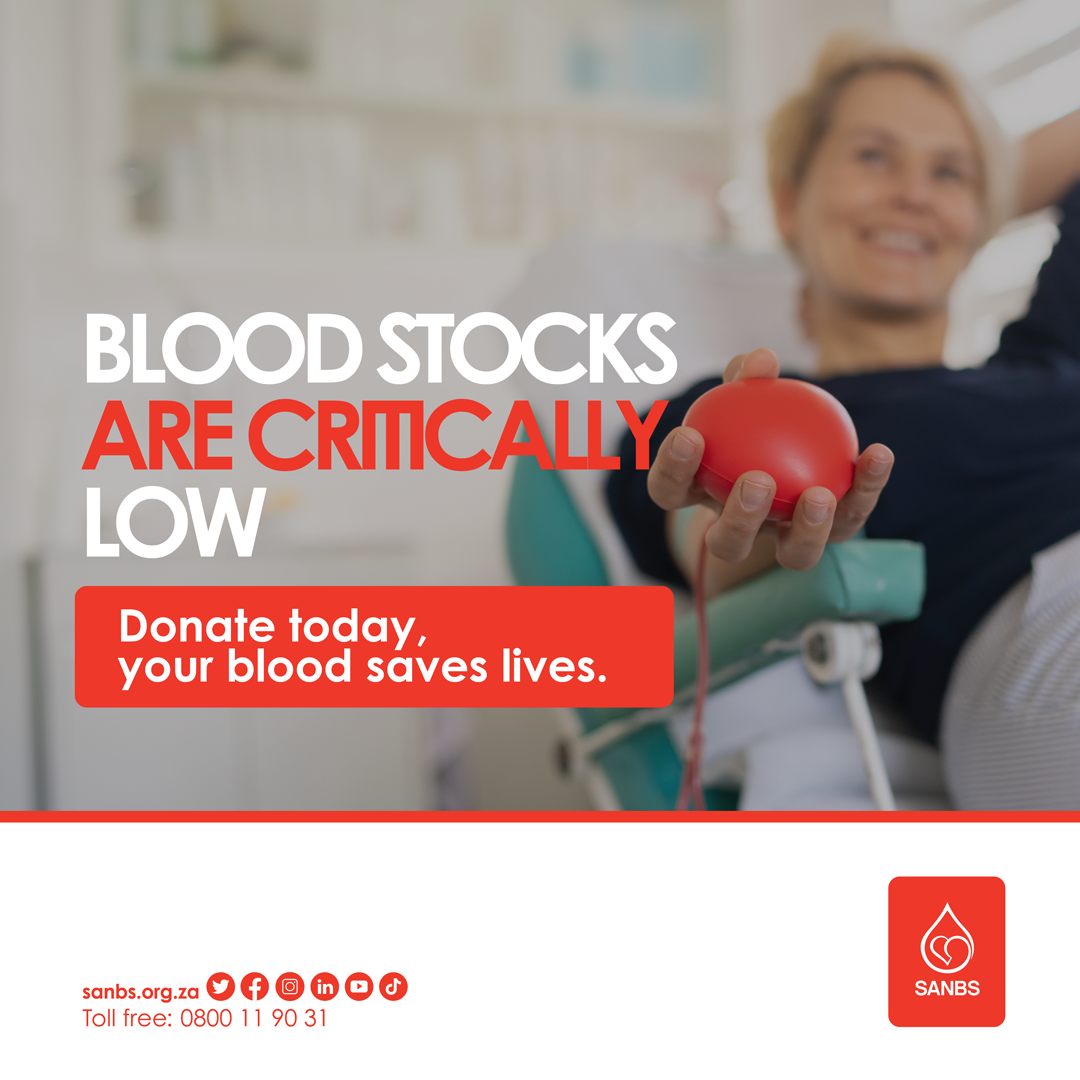 South African National Blood Service (SANBS) encourages New Year donations as blood stocks sit below optimal levels